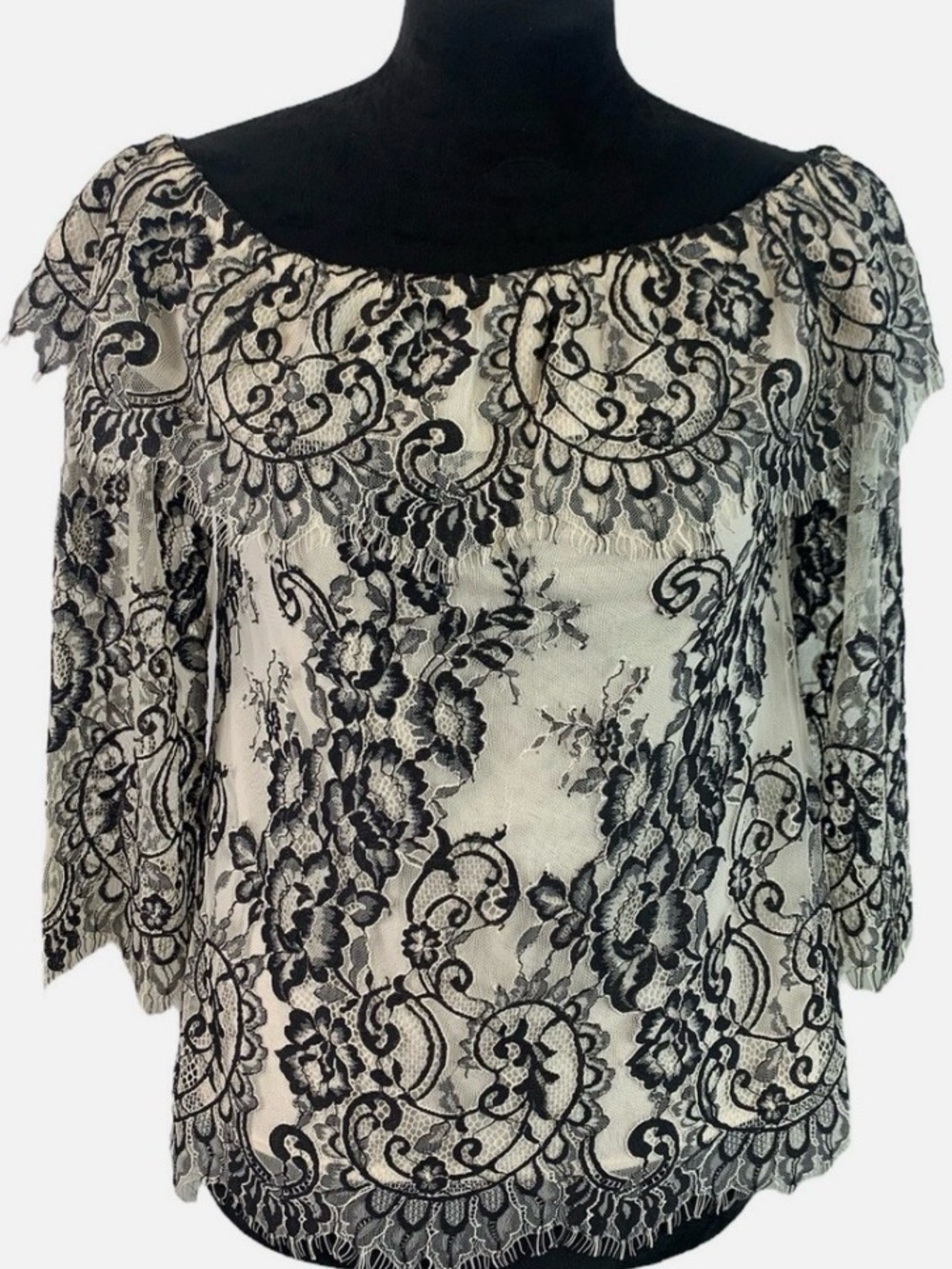 White House black market ivory lace off-the-shoulder blouse.